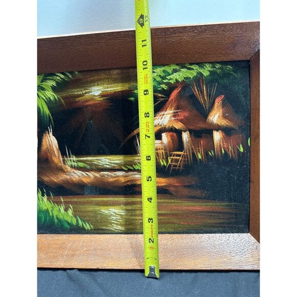 Rustic MCM Tropical Island Landscape Oil Painting With Black Velvet Wooden Frame - Picture 5 of 15